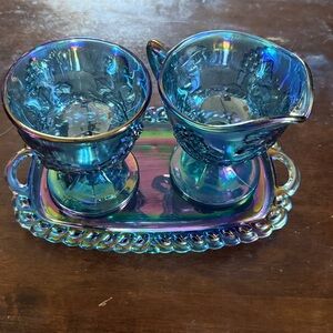 Iridescent Blue Carnival Glass Cream & Sugar Set